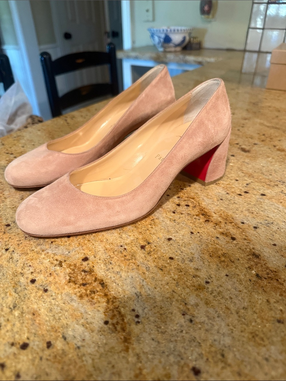 Christian Louboutin Blush Pink Suede Block Heel Pumps with Red Heel